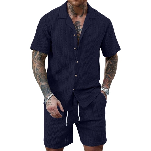 Clossjun Men's Summer 2 Piece Beach Sets Texture Short Sleeve Button Down Knit Shirts and Shorts Vacation Outfits of Men