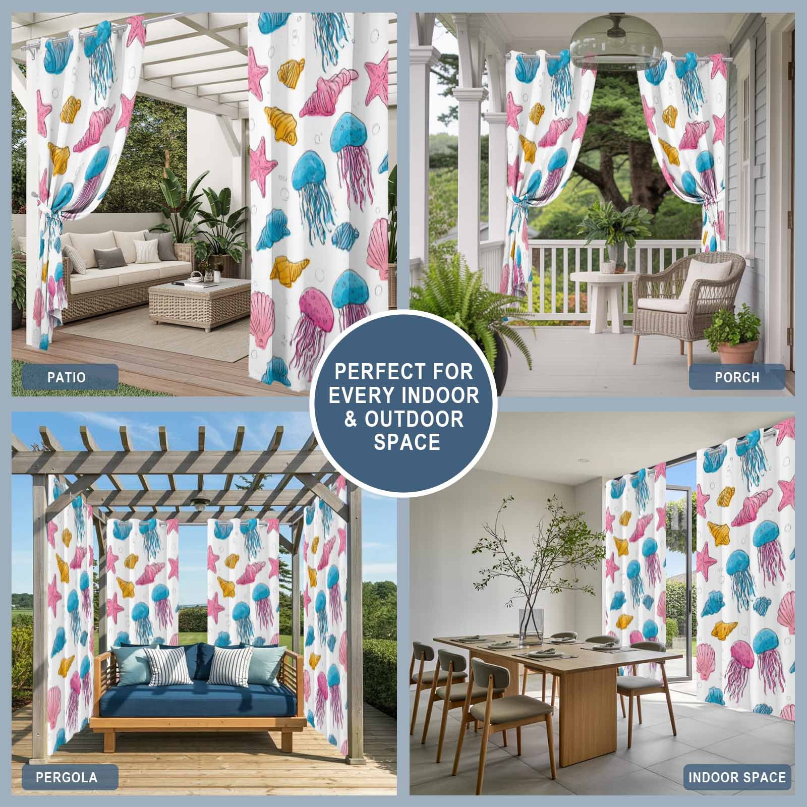 Marine Life Outdoor Curtains for Patio, Nautical Ocean Pink Blue Yellow Jellyfish Starfish Shell Sunshade Privacy Drapes Grommet Waterproof Outside Curtains for Porch Balcony 54"x 108", 1 Panel