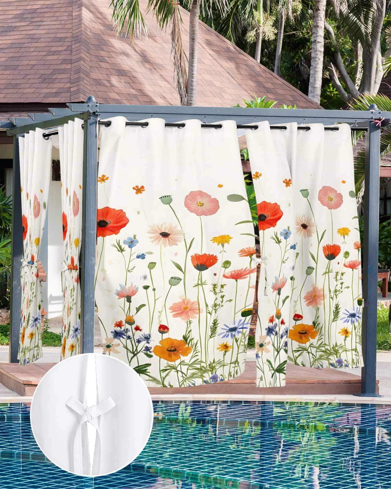 Spring Flower Outdoor Curtains for Patio, Rustic Watercolor Colorful Floral Green Leaf Plant Linen Texture Waterproof Weatherproof Outside Privacy Curtains Outdoor Drapes 54x108 Inch, 1 Panel