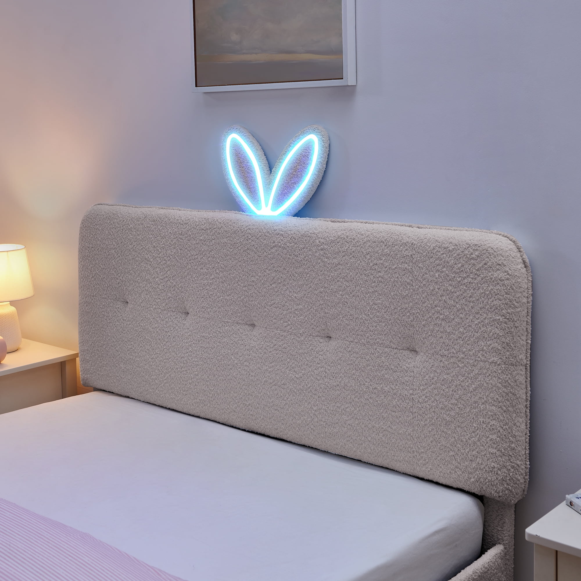T-Joy Cute Upholstered Kids Bed with 4 Storage Drawers, Boucle Wooden Platform Bed with Rabbit Ear LED Light, Queen Size, Pink