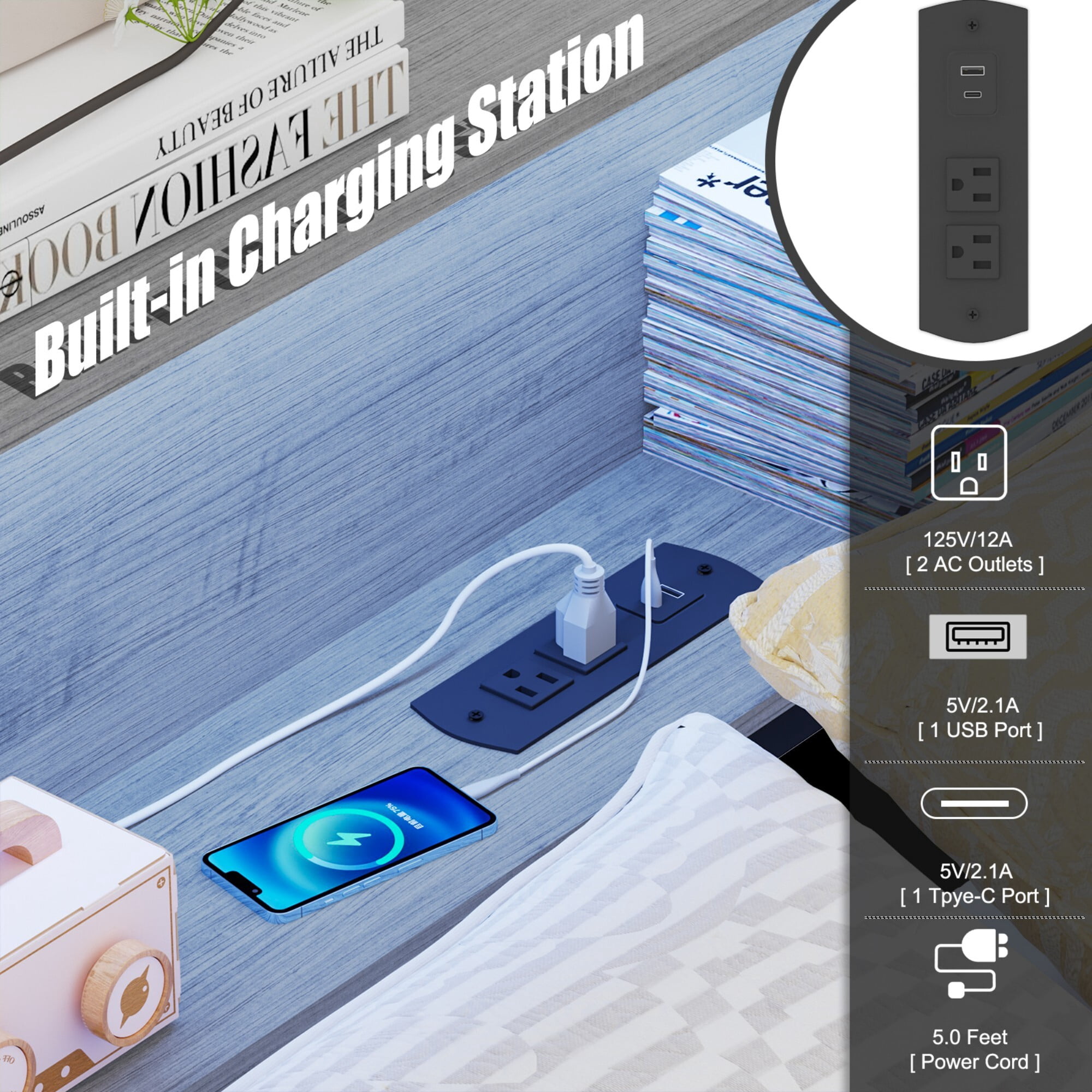 AENKYO Full Size Corner Daybed Frame with 2 Drawers, Bookcase Headboard, Charging Station, and Smart LED Lights, Gray