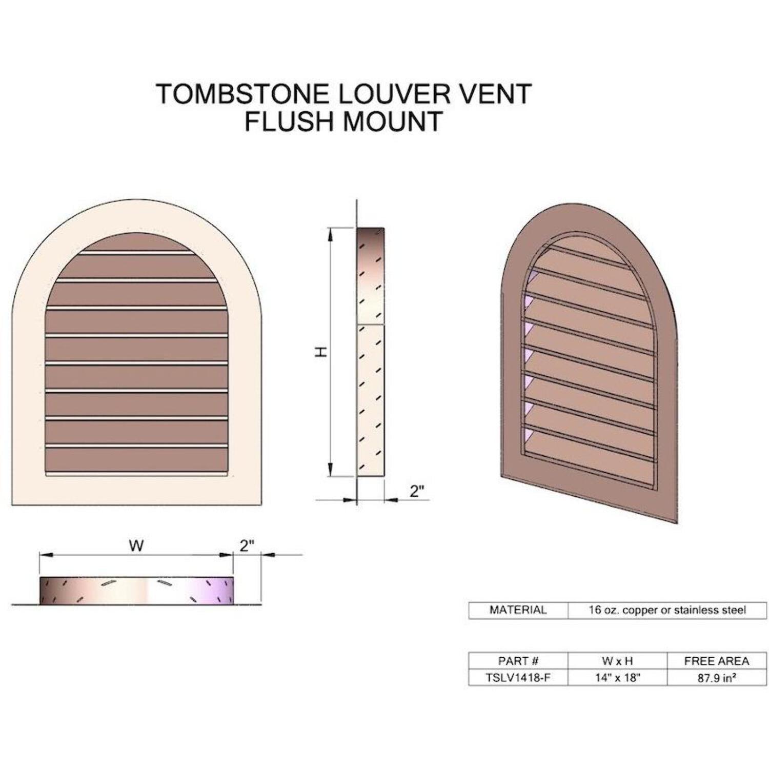 Hammered Copper Tombstone Louvered Gable Wall Vent Vent Size: 12" W x 18" H, Mount Type: Flush