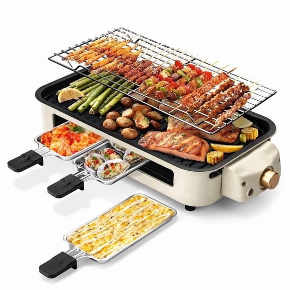 LKCC Electric Smokeless Indoor Grill – Non-Stick Raclette BBQ with 3 Mini Pans, Perfect for Grilling, Roasting & Frying, Easy to Clean, 1500W (Beige)