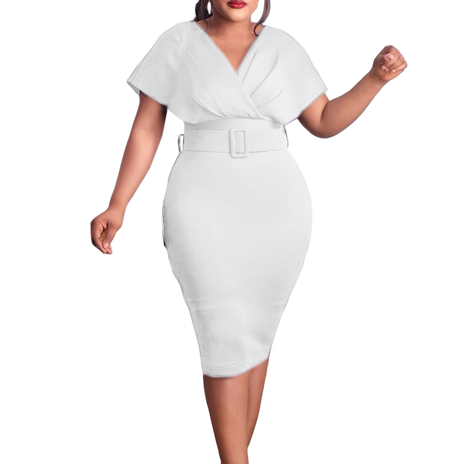 Womens Dress Wedding Guest Dress Women Women s Elegant Bodycon Ruffle Short Sleeve Cocktail Midi Pencil Dress Cocktail Dress Adult Female Clothes White Size L Walmart