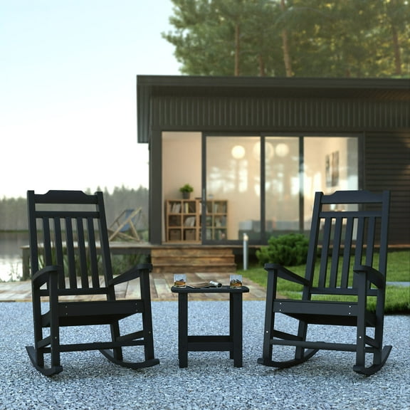 Emma Oliver Set of 2 Indoor/Outdoor Poly Resin Rocking Chairs with Side Table in Black