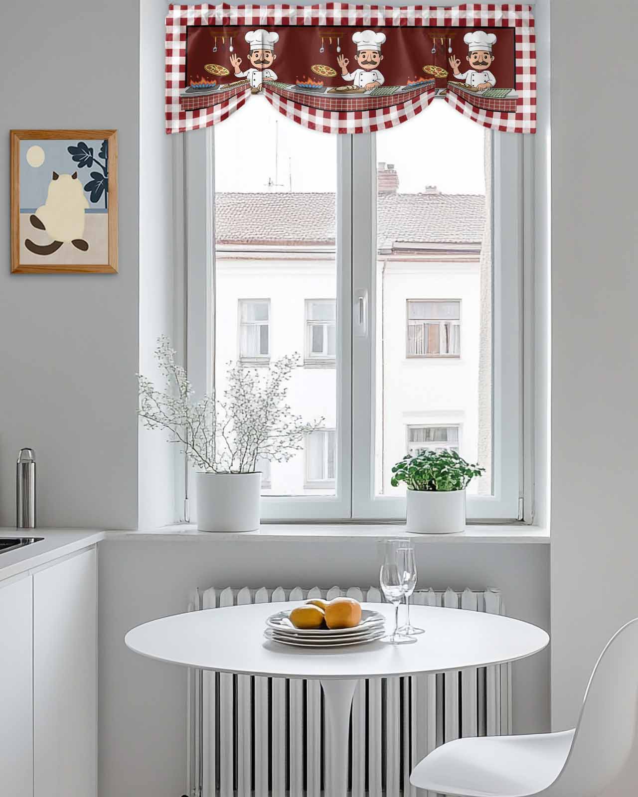 Chef Gourmet Kitchen Tie Up Valances Curtain, Adjustable Kitchen Knife And Fork Red Plaid Valances for Windows Decor, Rod Pocket Short Curtains Set for Bedroom/Bathroom, 54"x18"