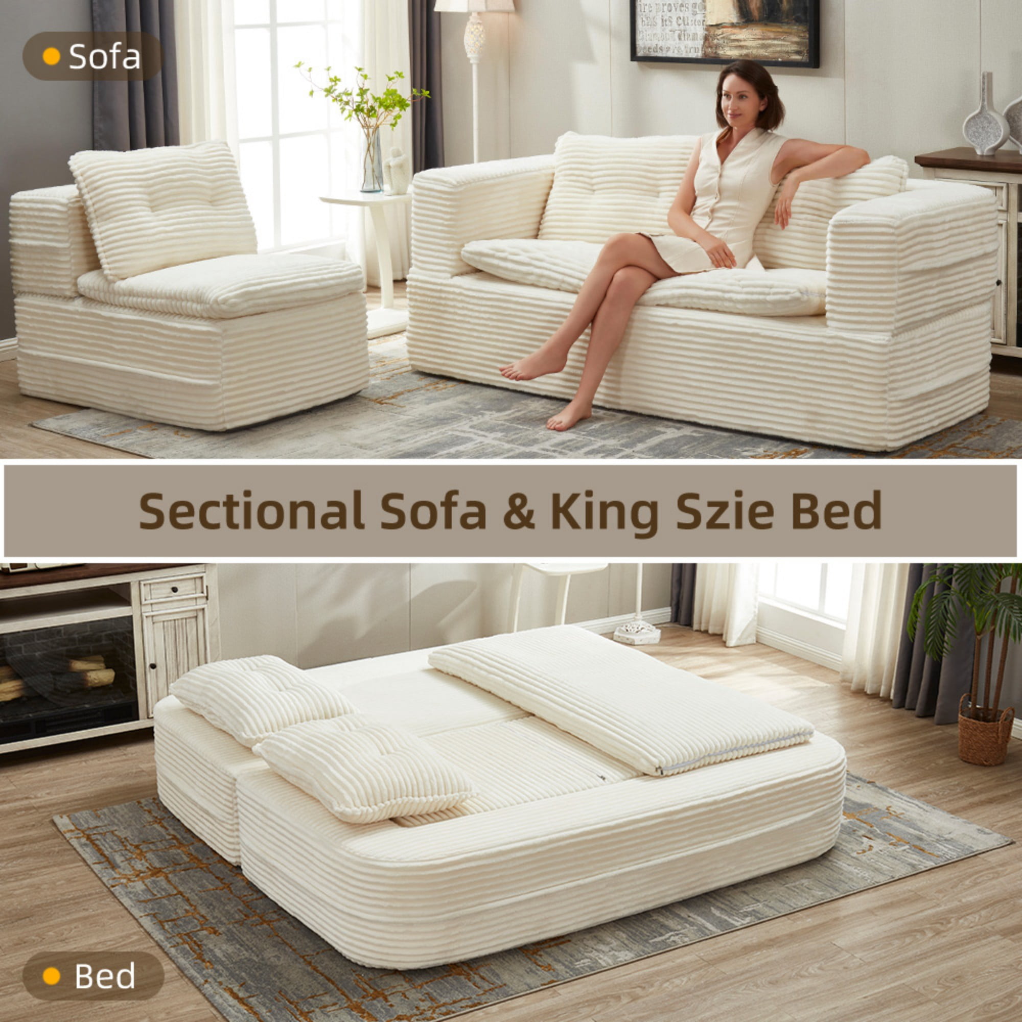 80" King Size Convertible Sleeper Sofa Bed with Independent Chaise Lounge,Multifunctional Plush Corduroy Sectional Sofa Couch for Living Room,Bedroom,Beige