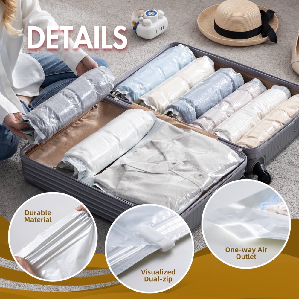 Reusable Travel Clothes Air Vacuum Bags Roll Up Compression Storage Bags  For Suitcases Tops Pants 4