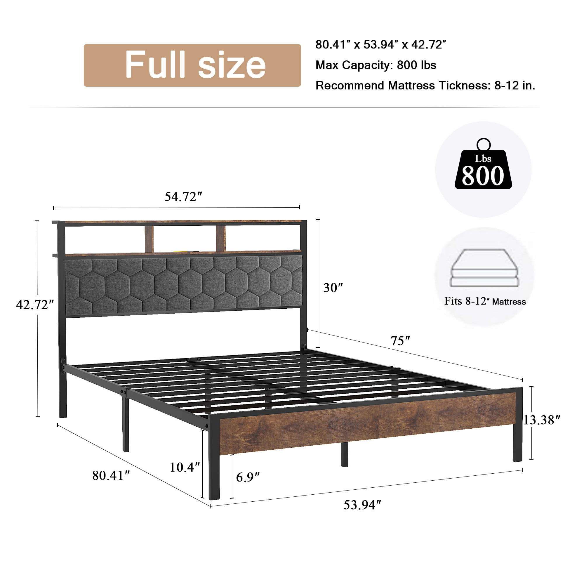 Yoneston Full Size Bed Frame with Upholstered Storage Headboard and USB Charging, Retro Metal Platform Bed Frame with Under-Bed Storage Noise Free for Bedroom, Brown
