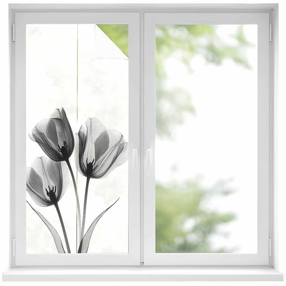 Tulip Black White Window Privacy Film, Spring Floral Botanical Bloom Static Cling UV Sun Blocking Heat Control Window Tint Day and Night, Non-Adhesive One Way Windows Privacy Cover 17.7''x39.3''