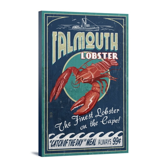 Falmouth, Cape Cod, Lobster Vintage Sign, (12x18 Wrapped Canvas, Wall Decor, Artwork)