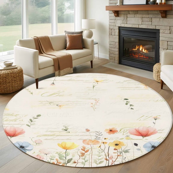 Round Area Rug 6 Ft, Watercolor Wildflowers Washable Non-Slip Circle Carpet for Living Room/Bedroom, Farmhouse Country Botanical Flowers Low-Profile Indoor Mats Collection Rugs for Residential