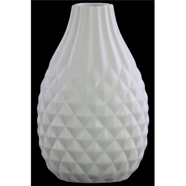 Urban Trends Collection 31844 Stoneware Round Pear Shaped Vase with Engraved Parallel Lines Design Neck, Matte & White
