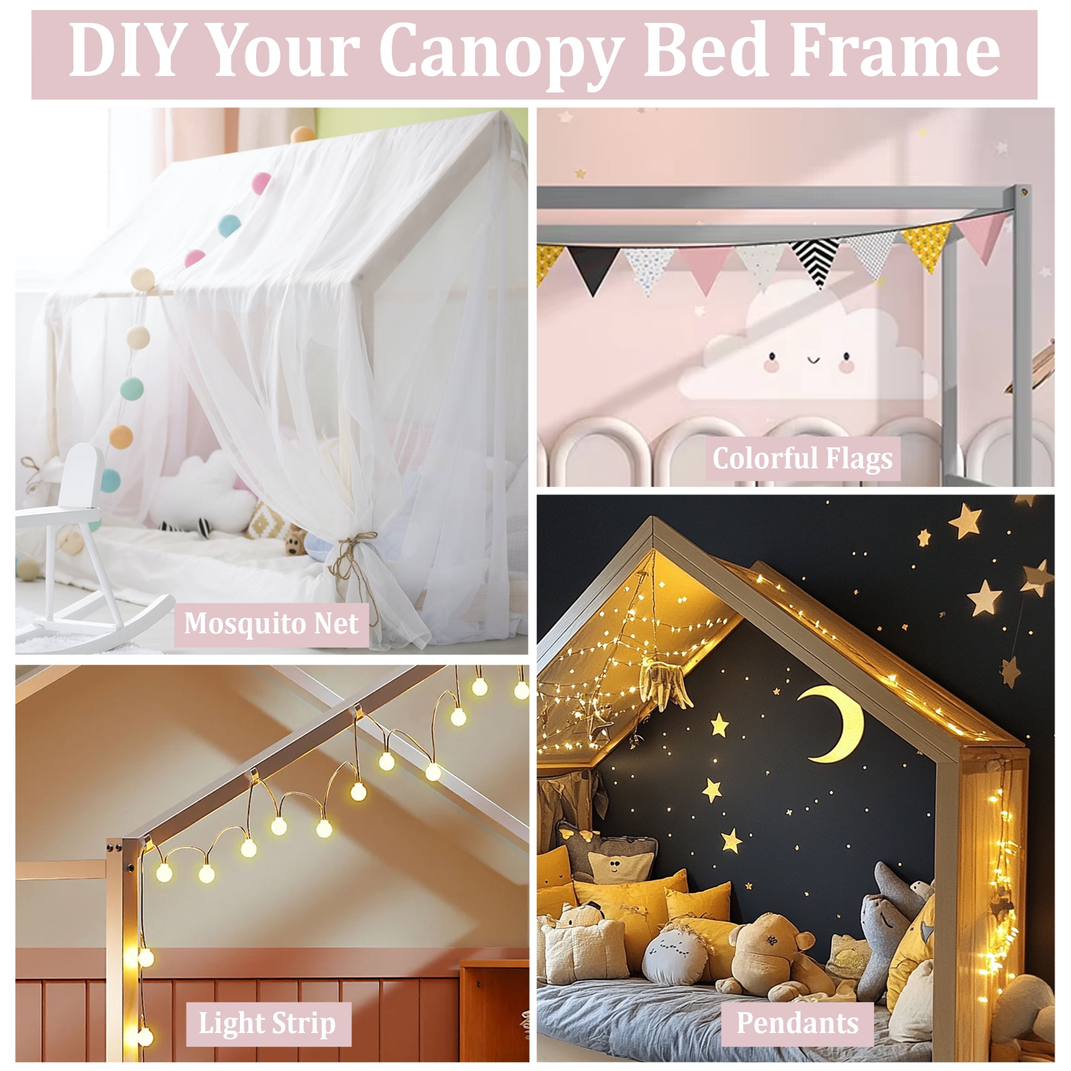 Castle Place Contemporary Wooden Canopy House Kid Twin Bed, Antique White