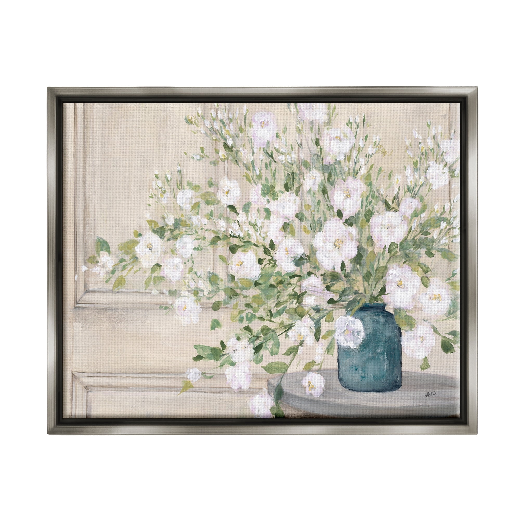 Stupell Industries Geranium Tabletop Country Still Life Painting Blooming Flowers Luster Gray Framed Floating Canvas Wall Art, 16x20, by Julia Purinton