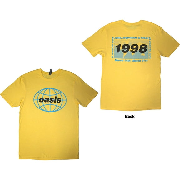 Oasis Unisex T-Shirt 1998 World Tour - South America (Yellow) (Back Print)
