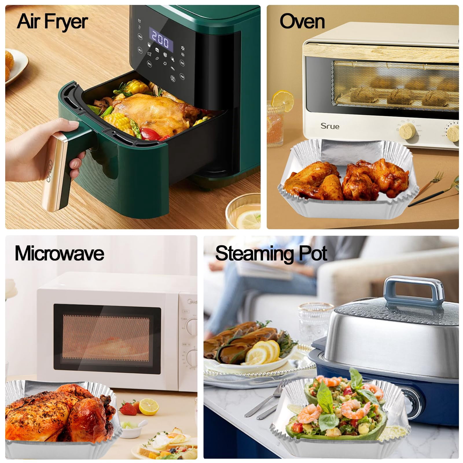 Aluminum Foil Air Fryer Liners 100Pcs, 6.3” Square Disposable Sheets for Baking Grilling Roasting, Microwave Safe Non-Stick Liner, Silver