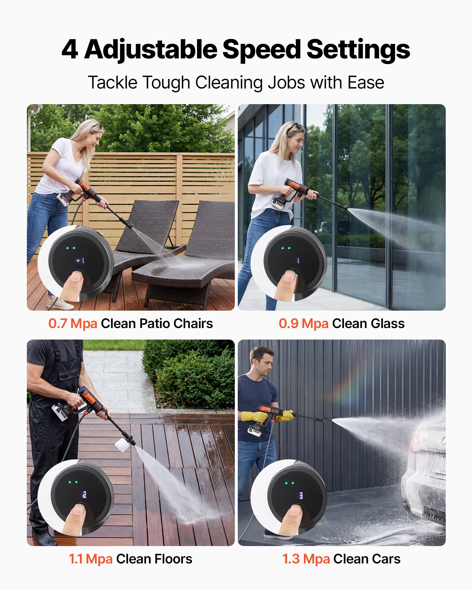 VEVOR Cordless Pressure Washer, 1200PSI MAX Portable Pressure Washer with Brushless Motor, Dual Batteries, 6-in-1 Nozzle & Water Hose, 4 Speed Adjustable, Handheld Power Cleaner for Home Garden Patio