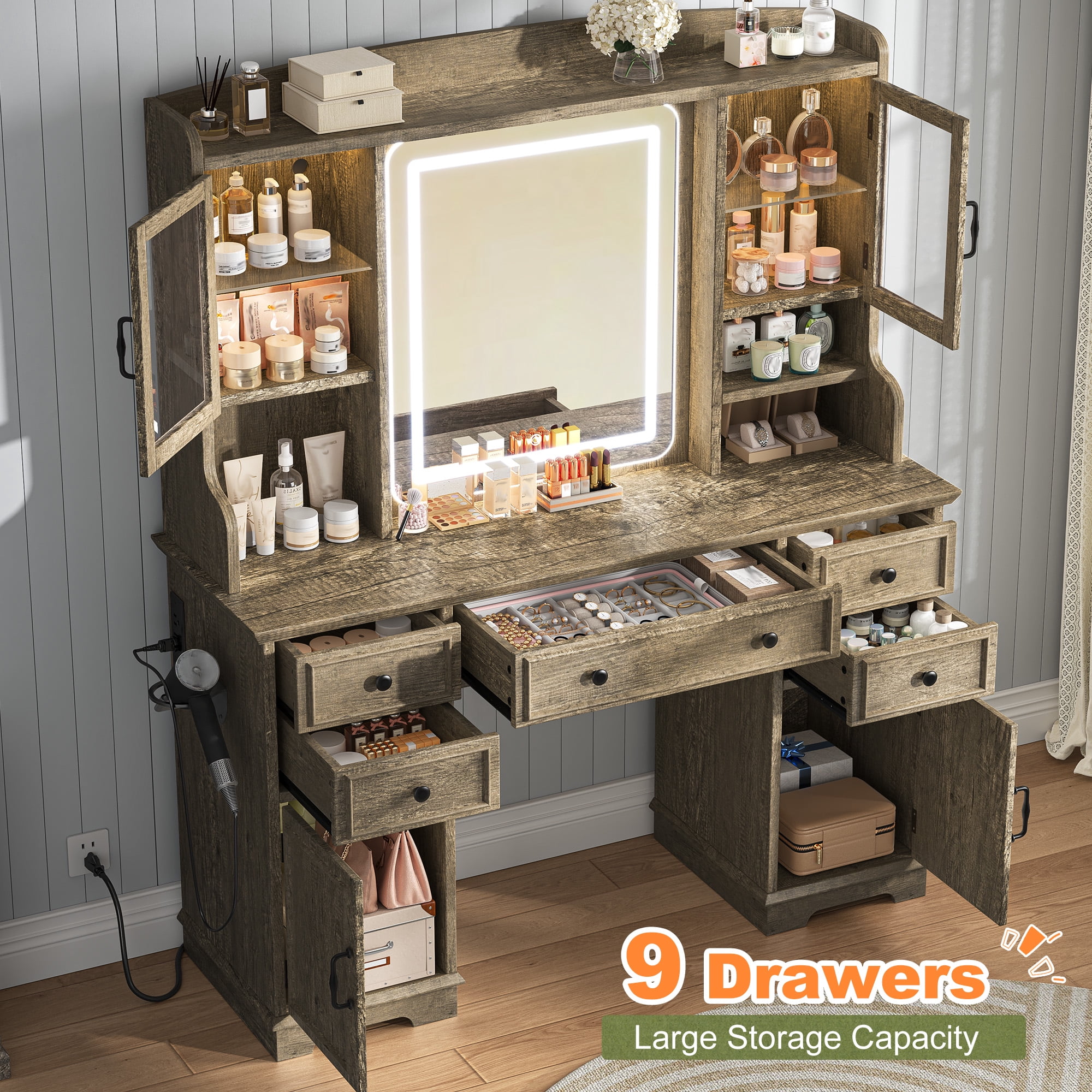 EnHomee Vanity Set with Mirror and Lights Farmhouse Vanity Desk with 5 Drawers & 2 Storage Cabinets Makeup Vanity Table with Lighted Mirror,Dark Oak