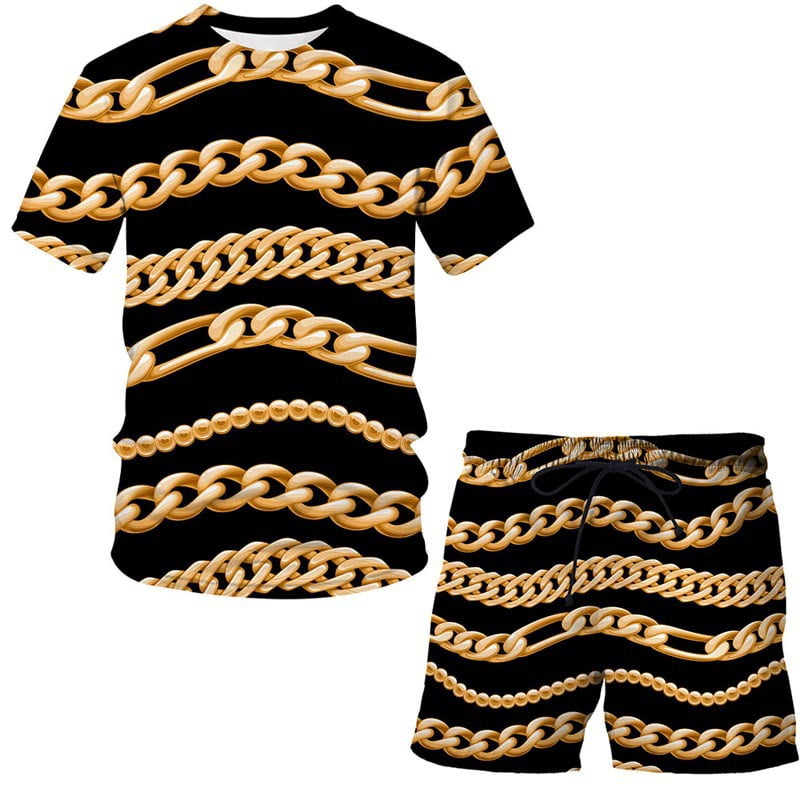 Outfits for Men 2 Piece Sets,Fashion Summer Gold Chain 3D Digital