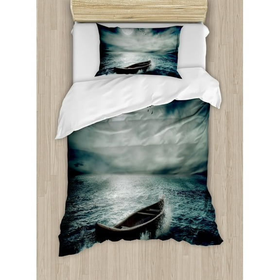 Fishing Duvet Cover Set, Boat Drifting in Ocean Full Moon Dramatic Night Sky Life Hope Conceptrt, Decorative 2 Piece Bedding Set with 1 Pillow Shams, Twin Size, Dark Blue White, by Ambesonne