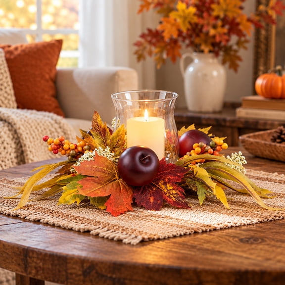 Northlight Apples and Dahlias Fall Harvest Floral Glass Hurricane Pillar Candle Holder - 15"
