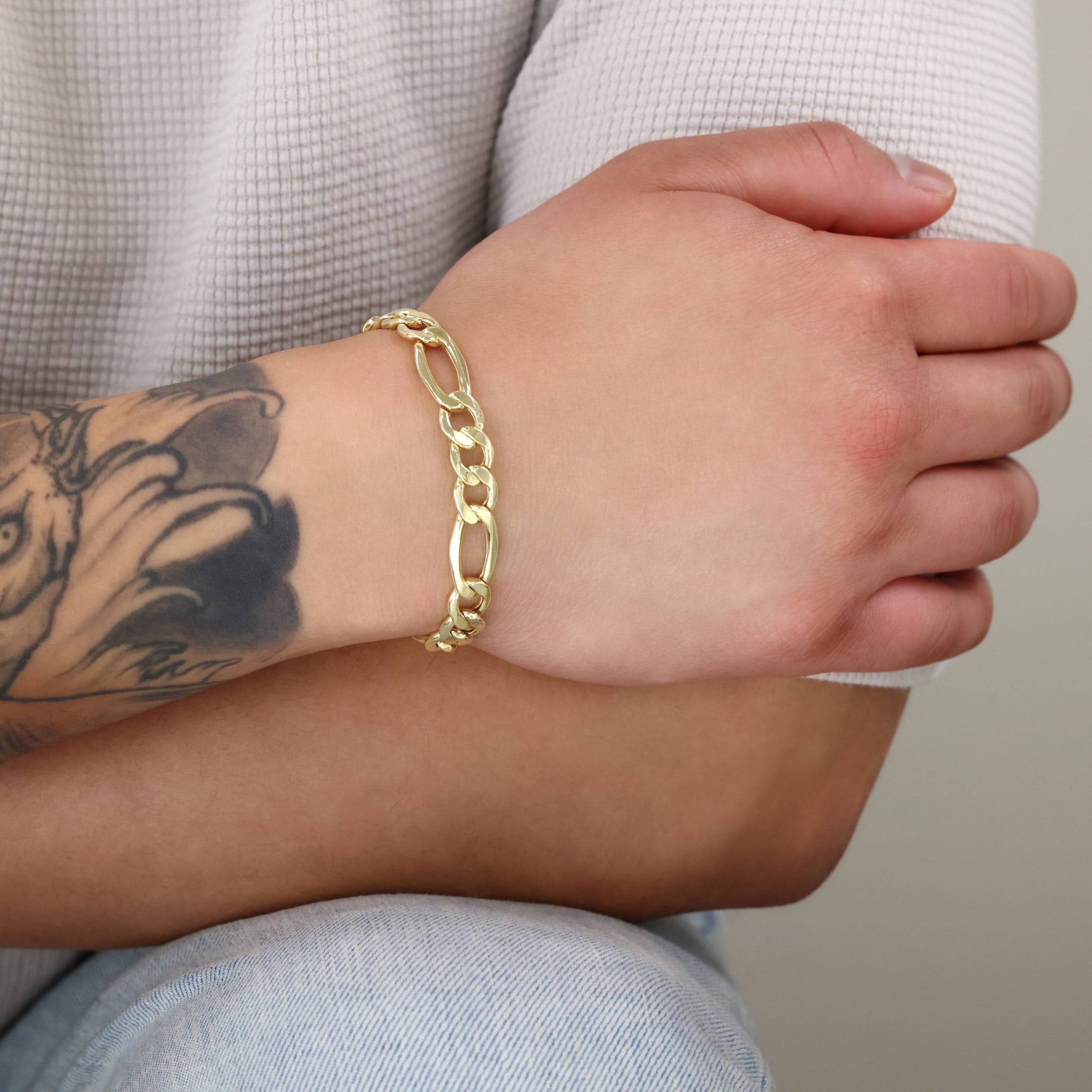 Nuragold 14k Real Yellow Gold Figaro Link 7.5mm Chain Bracelet (7"-9") Italian Jewelry for Men & Women