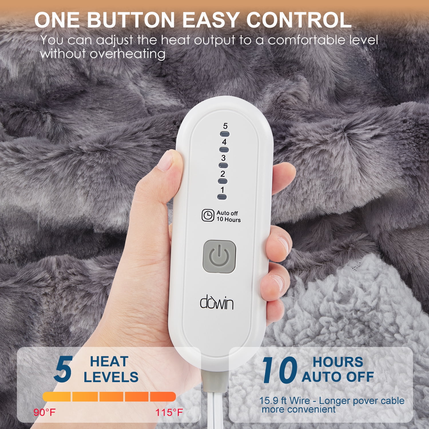 Dowin Electric Blanket Full Size 72"x84", Fast Heating Soft Faux Fur Heated Blanket, 5 Heat Settings & 10 Hrs Auto Off , Machine Washable, Over-Heat Protection,Home Office Use,Grey