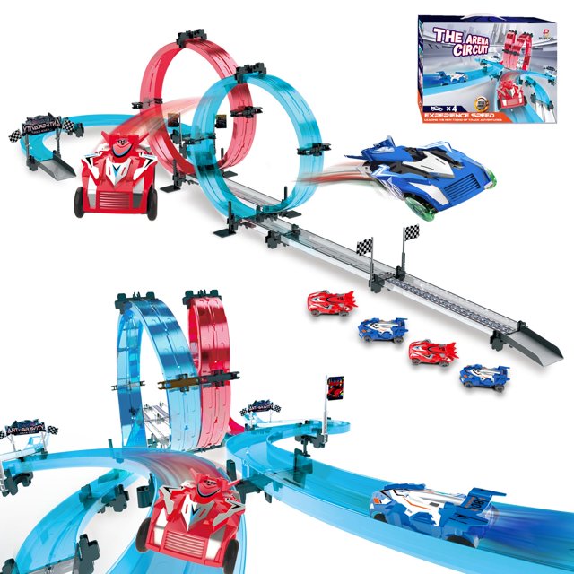 Ensembles de Circuits de Course avec 4 Voitures à Rétrofriction, Boucles à 360°, Cross Overpass & Courbes, Jeu de Course à Grande Vitesse pour Garçons Cadeau d'Anniversaire Enfants 6-12 Ans