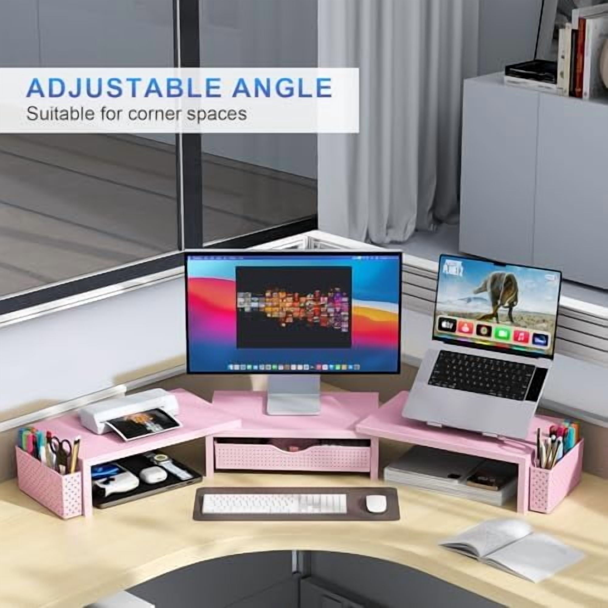 Dual Monitor Stand Riser, Desk Organizer With Drawer and 2 Pen Holders,Desk Organizers and Accessories, Pink Office Supplies (Pink)