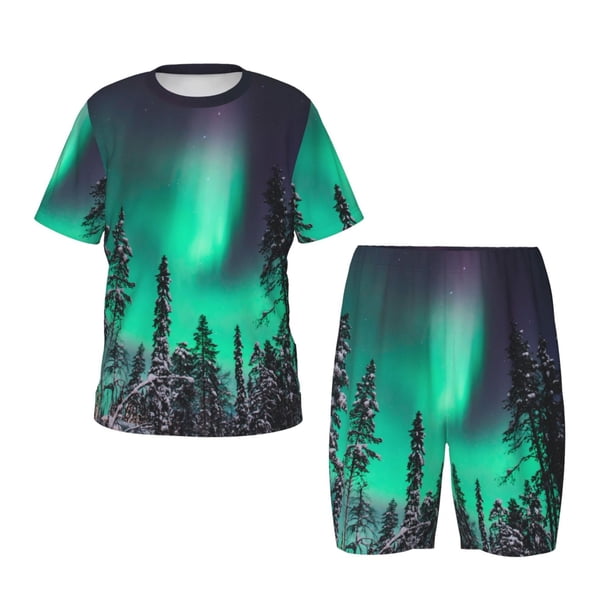 Fotbe Northern Lights 2 Pijama Estampada de 2 Piezas para Niños – Ropa de Dormir de Manga Corta Cómoda para Niños y Niñas, Camiseta y Shorts de Algodón-Medium