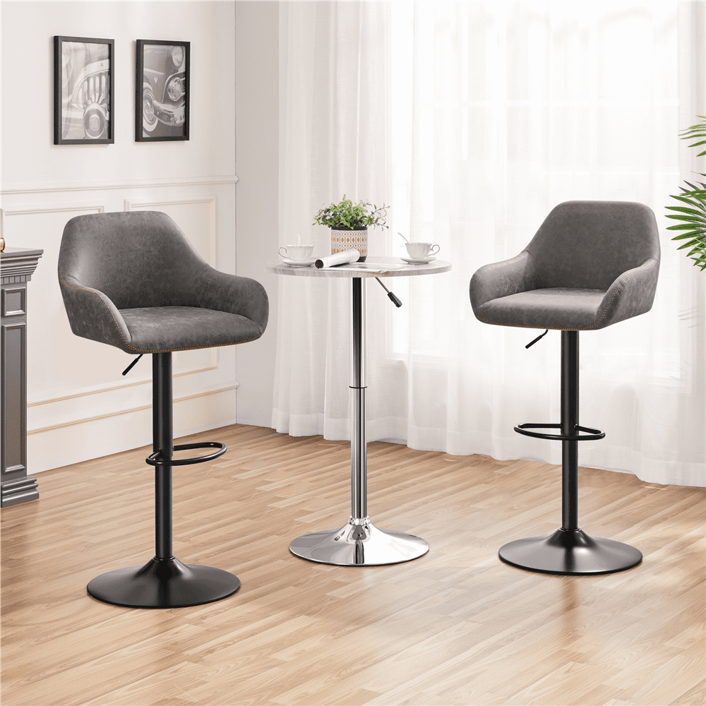 Alden Design Adjustable Vintage Faux Leather Bar Stools with Backrest, Set of 2, Gray