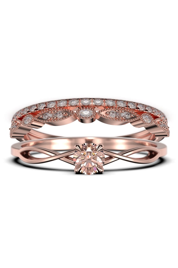 Infinity Loop 1.50 Carat Round Cut Morganite Engagement Ring, Twisted Wedding Band in 925 Sterling Silver With 18k Rose Gold Plating, Trio Set, Matching Band, Anniversary