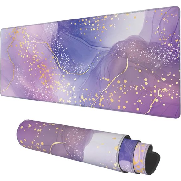 Desk Mat, Purple Rose and Lavender Liquid Marble Extended Gaming Mouse Pad Large, 31.5"x11.8" Big Mouse Pad with Non-Slip Base and Stitched Edge, Long Computer Keyboard Mouse Mat for Home Office Work