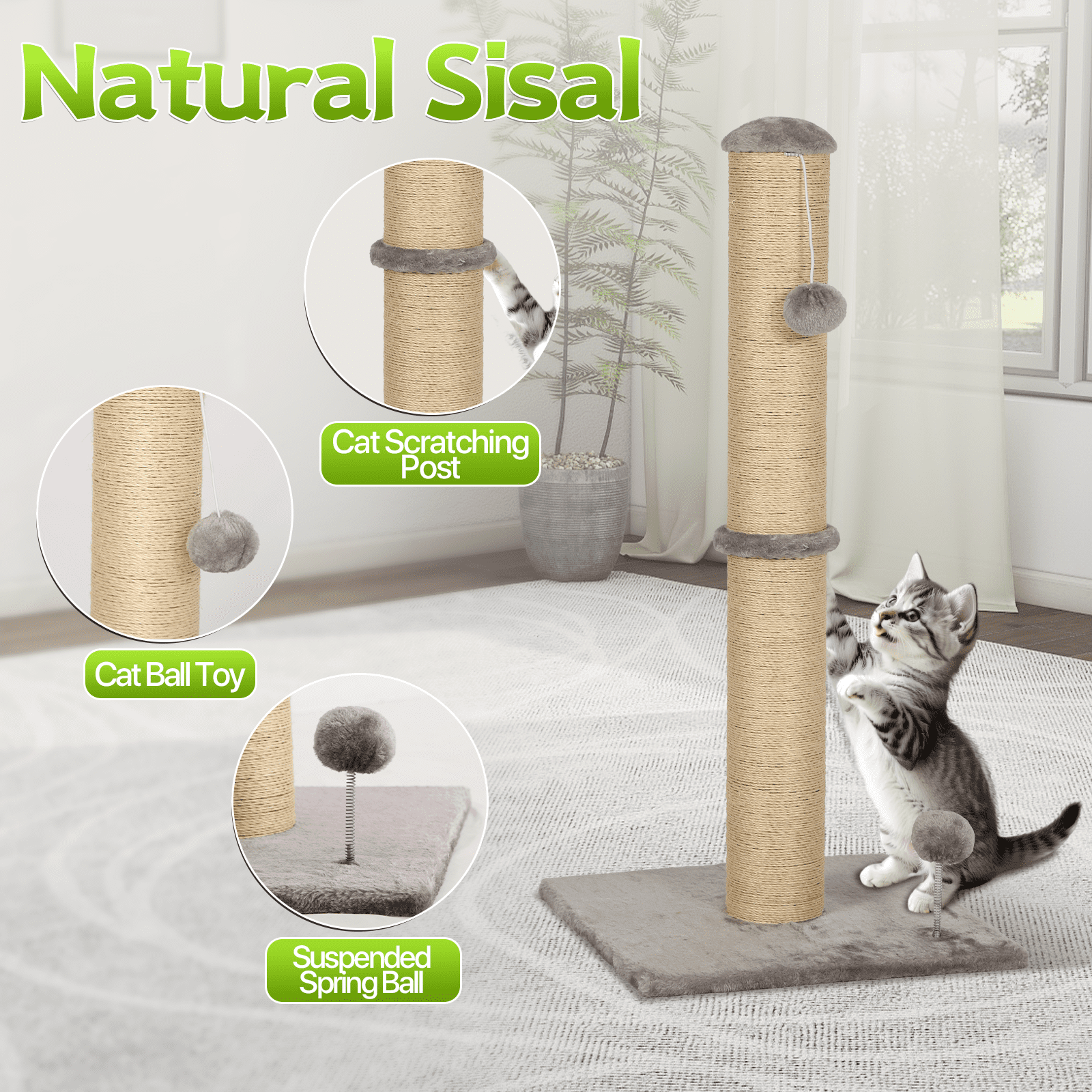 Dkelincs Cat Scratching Post with Sisal & Spring Ball Toy 22" Tall Cat Scratcher for Indoor Cats/Kittens Natural Sisal Scratch Post Trees for Living Room Bedroom, Light Gray