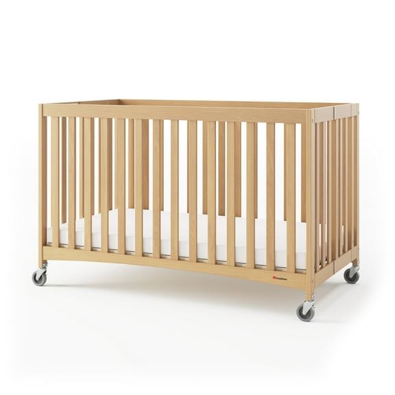 Foundations Travel Sleeper Full-Size Folding Wood Crib with 3" Mattress, Casters, Natural