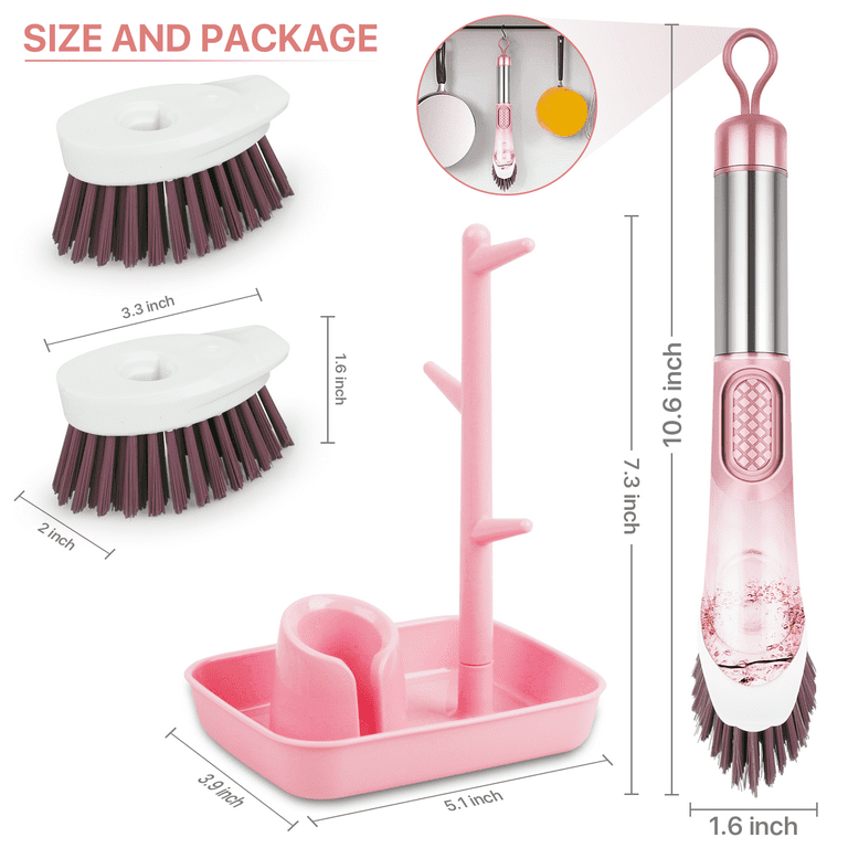 Bcooss Soap Dispensing Dish Brush Set Kitchen Scrubber with Stainless Steel Handle Scrub Brush with 3 Replaceable Brush Heads and 1 Holder for Sink