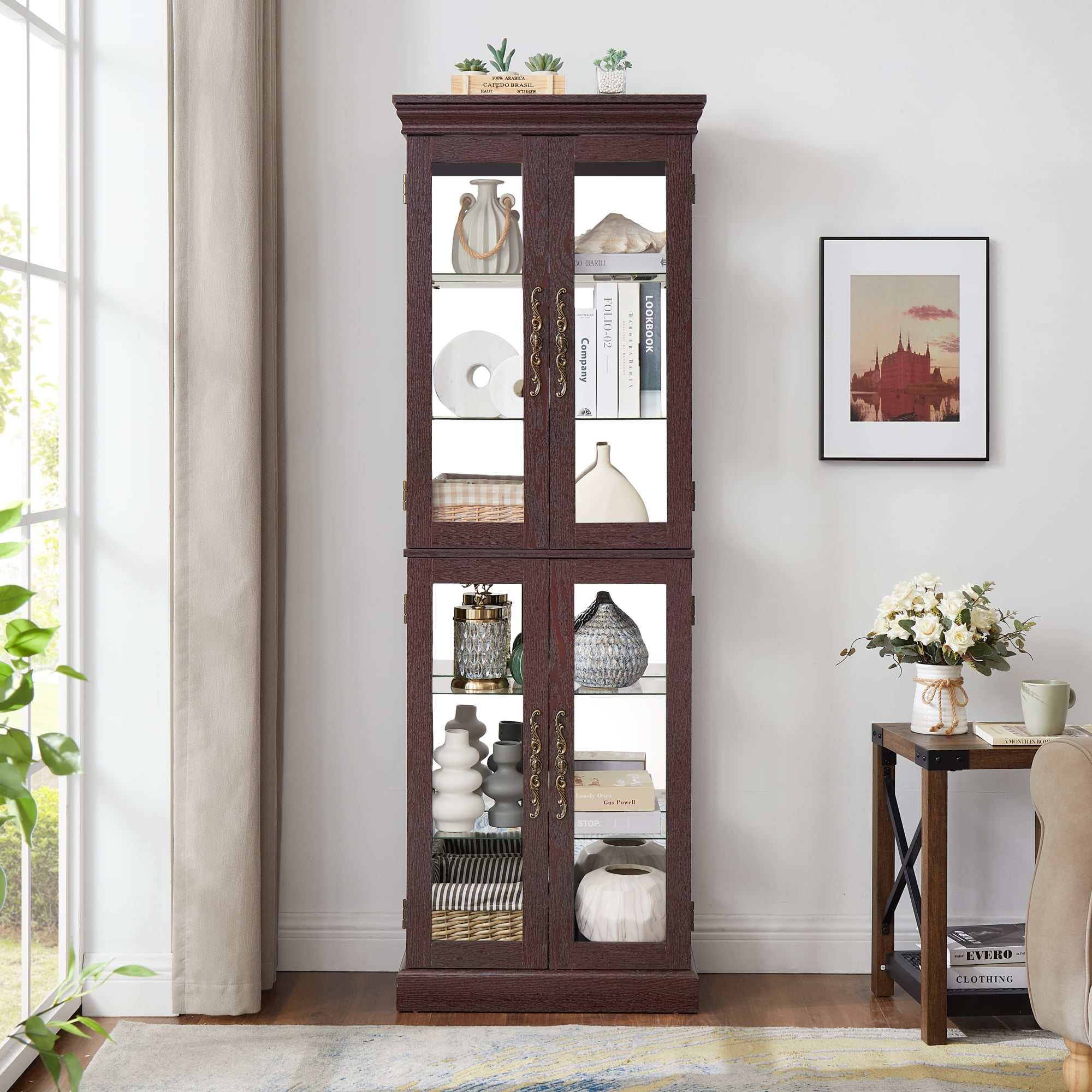 Leumius Lighted Glass Curio Display Cabinet, Wood Frame 4 Glass Doors Storage Cabinet with Included Bulb, Glass Wine Cabinet Collectibles Toy Display Case for Living Room, Kitchen, Pantry,Cherry