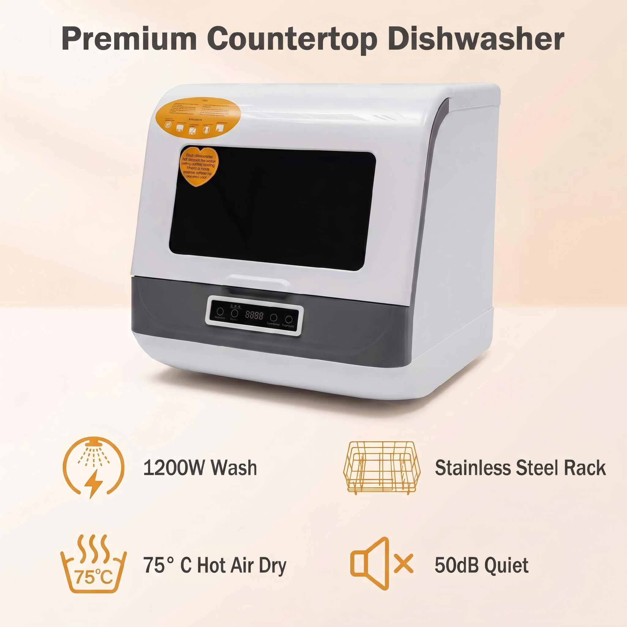 FUNGQI 1200W Portable Countertop Dishwasher, Compact Tabletop Dishwashing Machine with Stainless Steel Rack, 3 Wash Programs, 75°C Hot Air Drying, 50dB Silent Design for RV Apartments, White