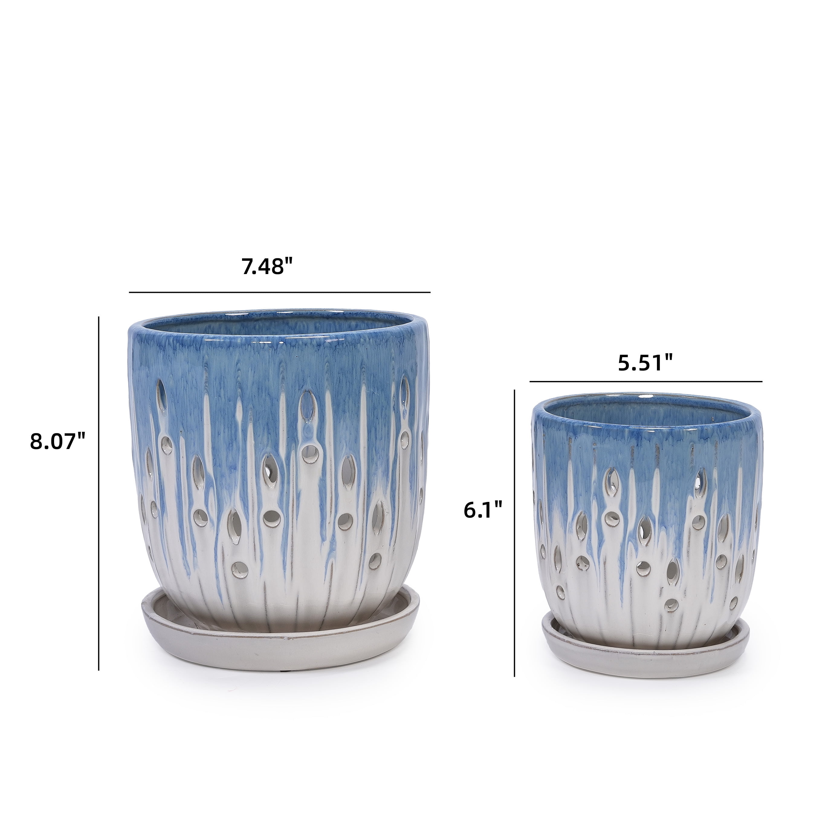 MAYEERTY 2 Pack Ceramic Planter Pot with Drainage Hole, 8" Planter for Indoor Outdoor Patio, Garden, White Blue