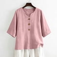 thumbnail image 5 of OIOLOYJM Linen Shirts for Women 3/4 Sleeve V Neck Casual Blouses Spring Summer Oversized Outfits 3 Button Pleated Front Pullover Tops Pink S, 5 of 6