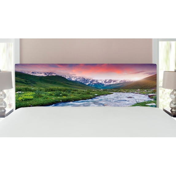East Headboard, Colorful Overcast Sky Skirts Mt. Shkhara Svaneti Georgia Caucasus Mountains, Upholstered Decorative Metal Bed Headboard with Memory Foam, King Size, Fern Green Pale Blue, by Ambesonne