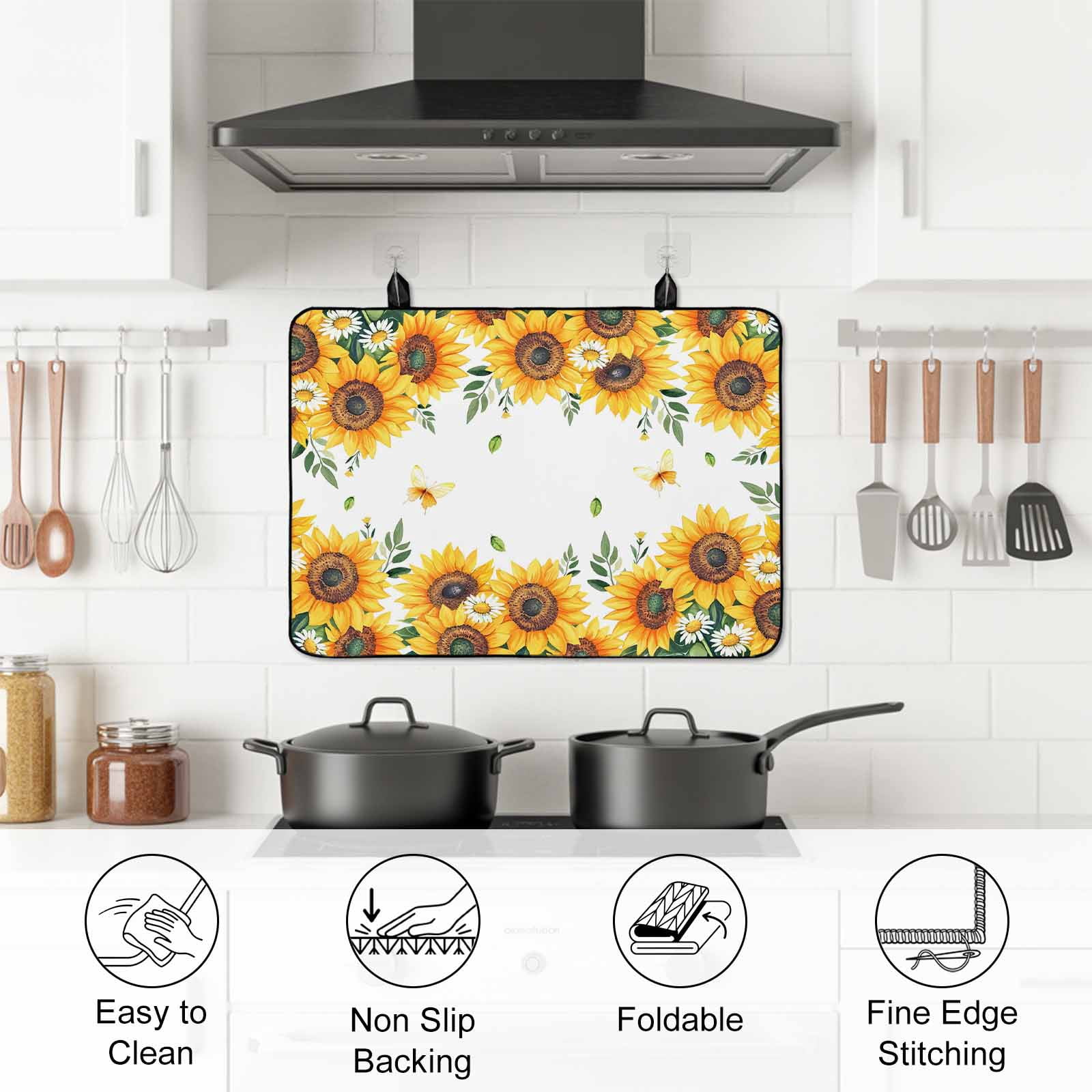 Summer Sunflower Stove Top Cover for Electric Stove, Heat-proof & Non Slip Glass Top Stove Cover Protector, Daisy Leaves Butterfly Botanical Kitchen Flat Cooktop Rubber Mat 24x21 Inches