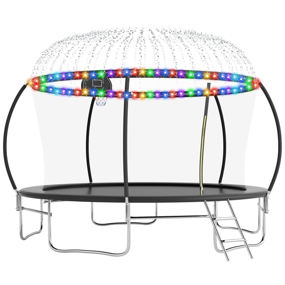 OVATOYS 1400LBS 14FT Trampoline for Adults and Kids,Trampoline with Enclosure,Light,Sprinklers,Basketball Hoop, Recreational Trampoline with Ladder, Heavy Duty Trampoline Capacity for 5-6 Kids