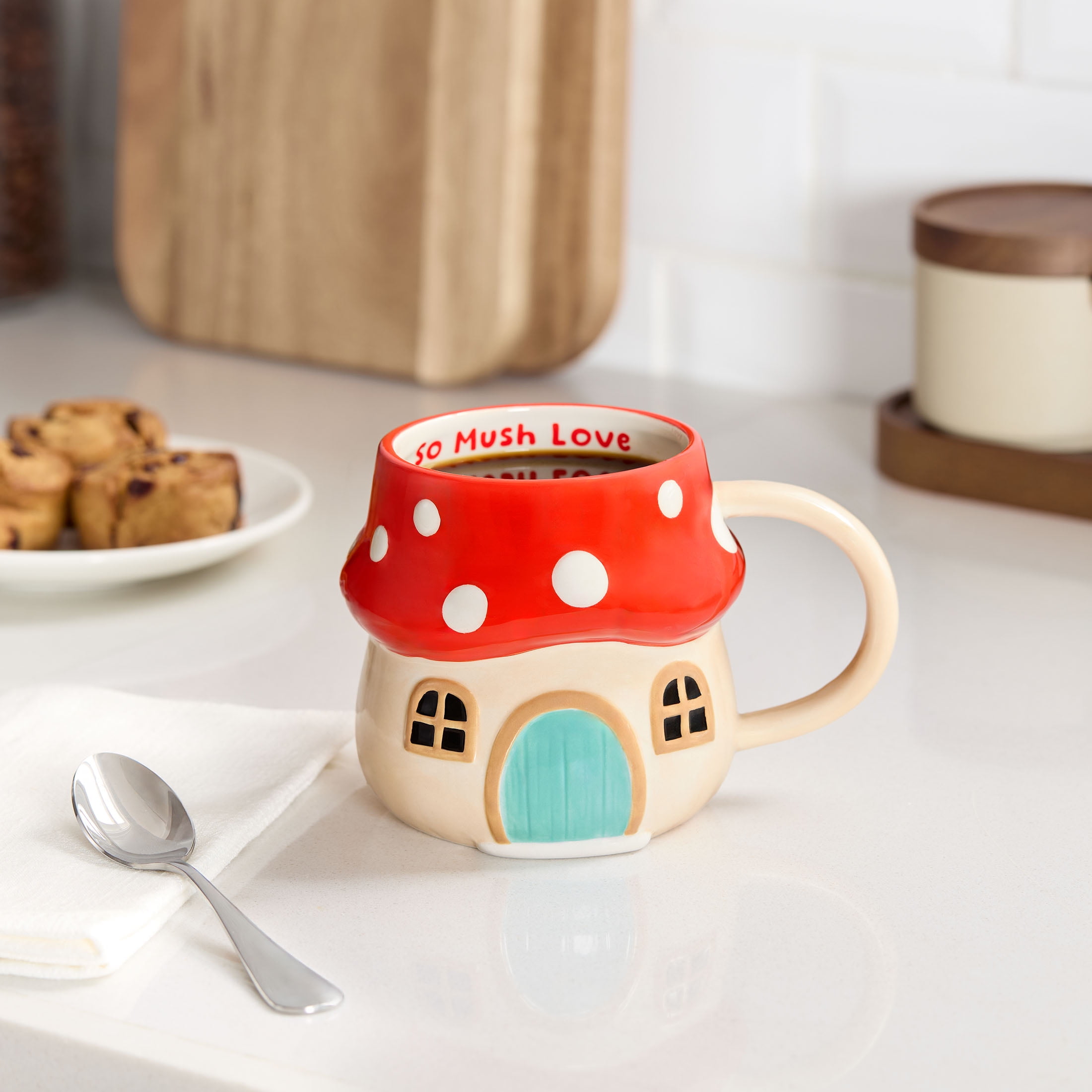 (4 pack) Mainstays 17.25 oz Red & Beige Mushroom Earthenware Mug