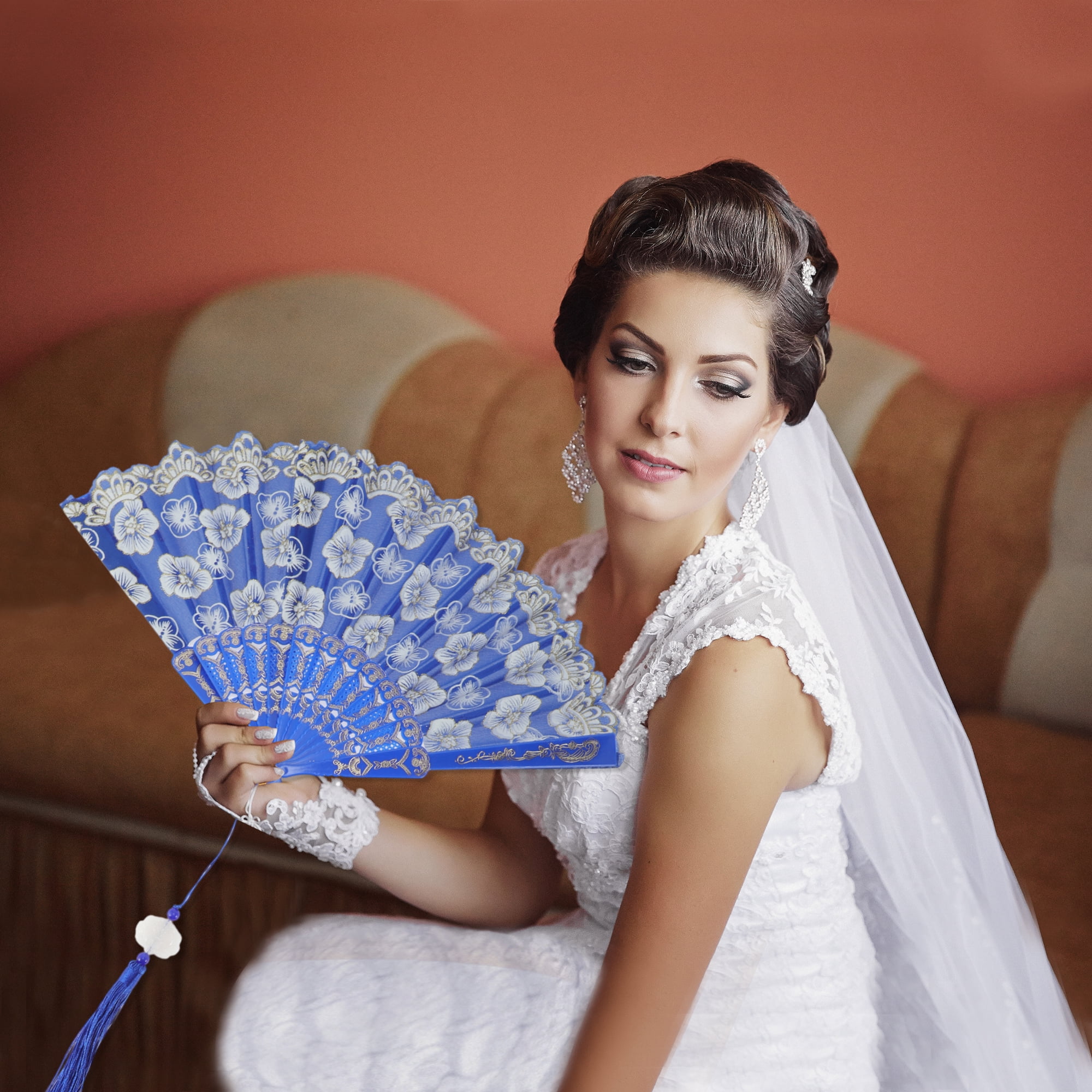 Unique Bargains Elegant Cherry Blossom With Tassel Folding Fan 1 Pc Blue