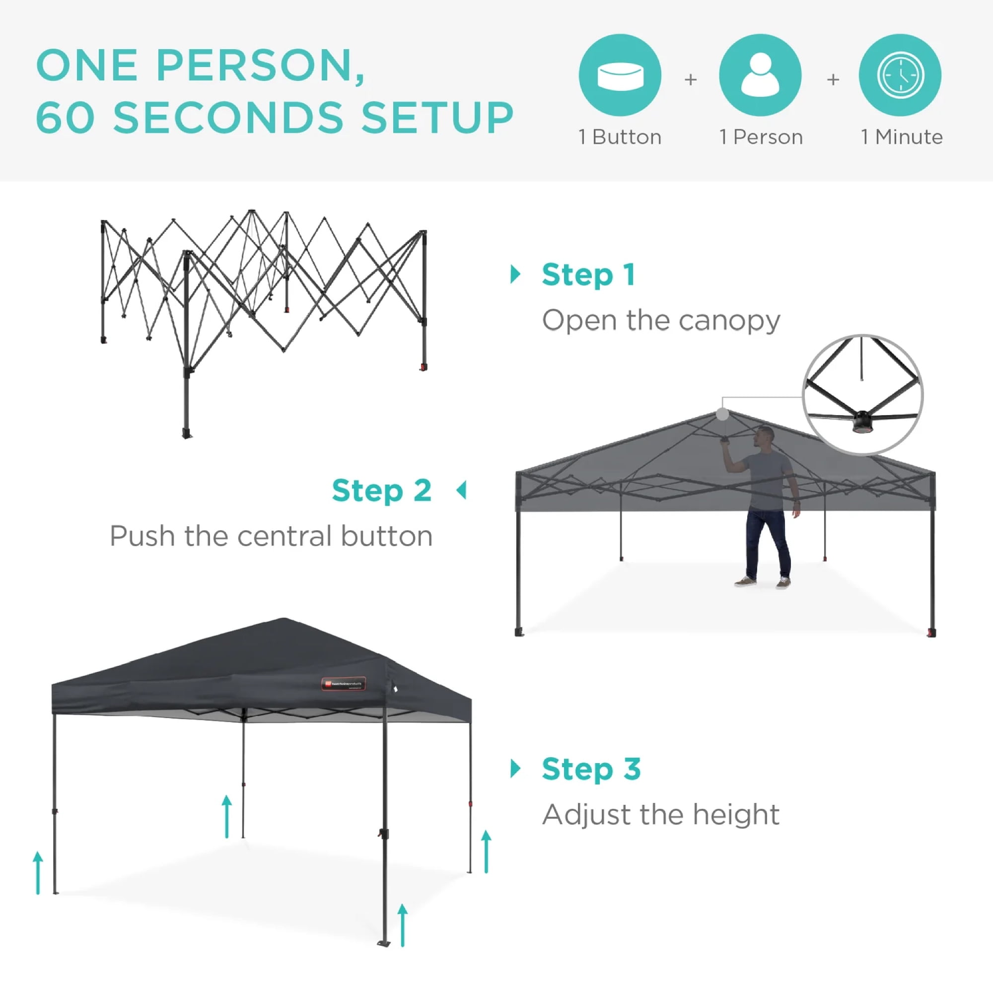 Best Choice Products 10x10ft Easy Setup Pop Up Canopy w/ 1-Button Setup, Wheeled Case, 4 Weight Bags - Gray
