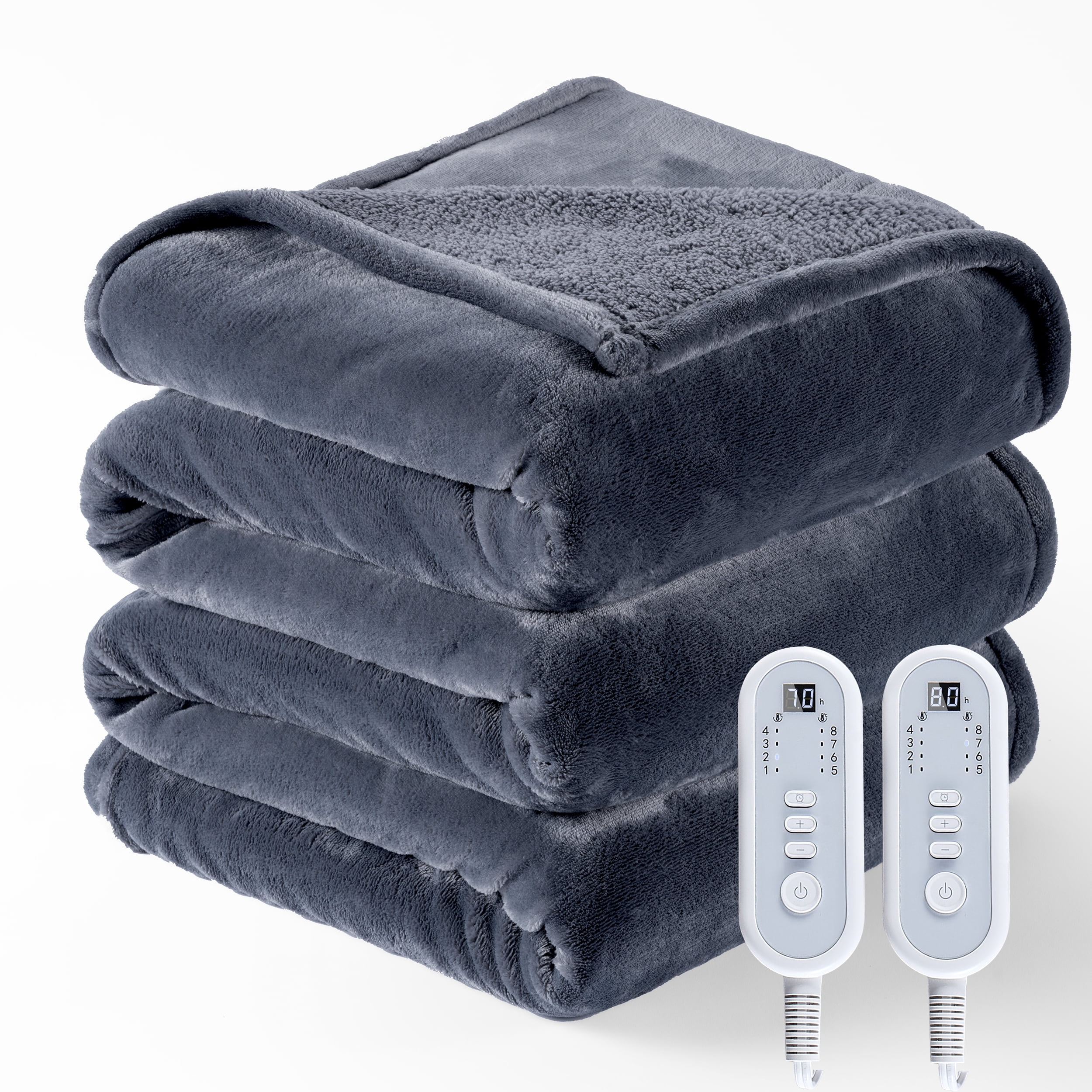 ELEKA King Size Electric Blanket , 90" x 100" Ultra Soft Flannel Heated Blanket,8 Heating Levels, 10 Hours Timer，Double Zone， Gray