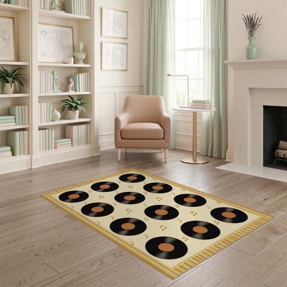 ODIKA Music Note Vintage Record Faded Vinyl Layout Round Movie Eight Stain Resistant Low Profile for Dorm Room, Small Living Apartment