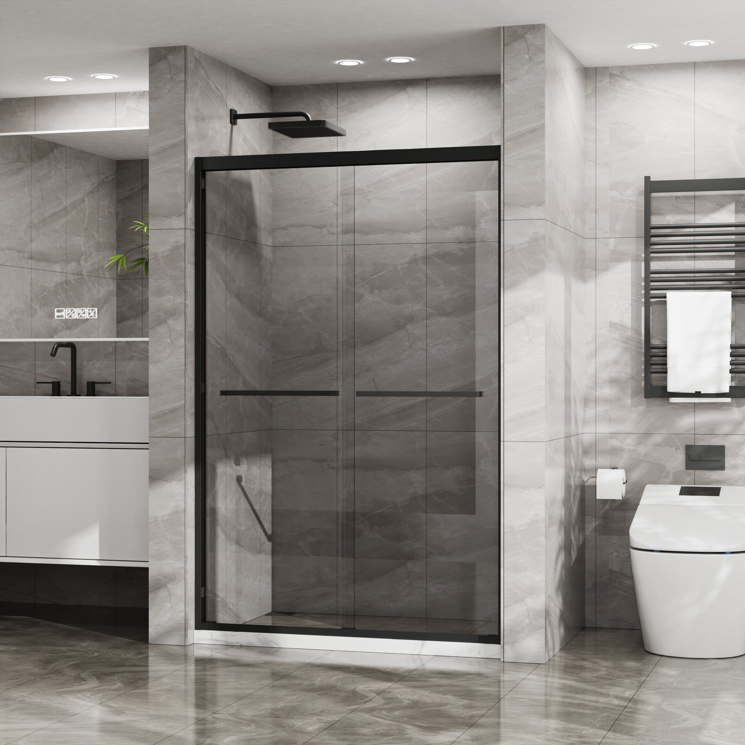 Leumius Double Sliding Glass Shower Door 48 in. W x 72 in. H,Aluminum Framed Shower Enclosure with SGCC Clear Tempered Glass, Stainless Steel Hardware, Matte Black
